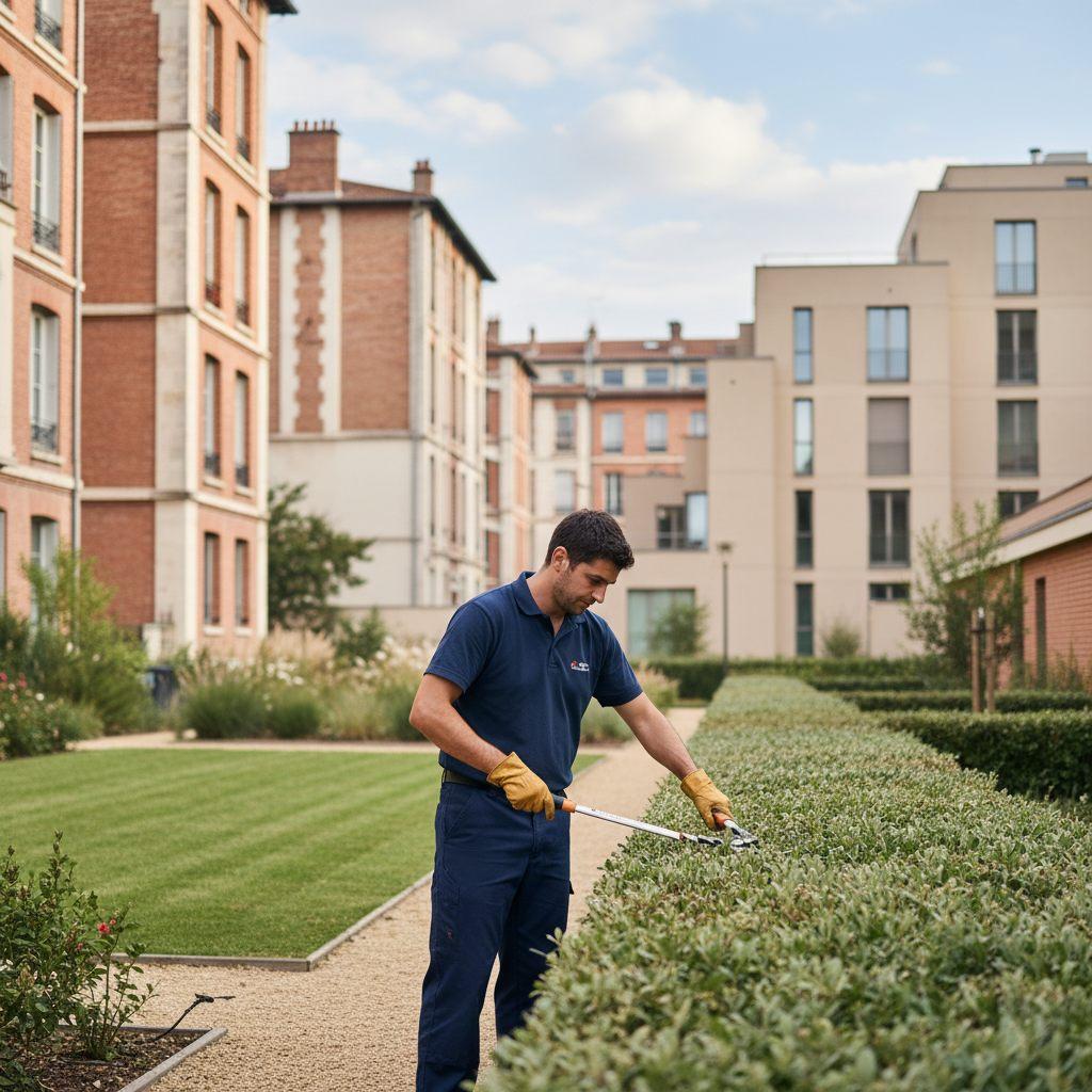 Jardinier paysagiste VABÈ taillant une haie dans la cour d'une résidence toulousaine — entretien d'espaces verts en copropriété