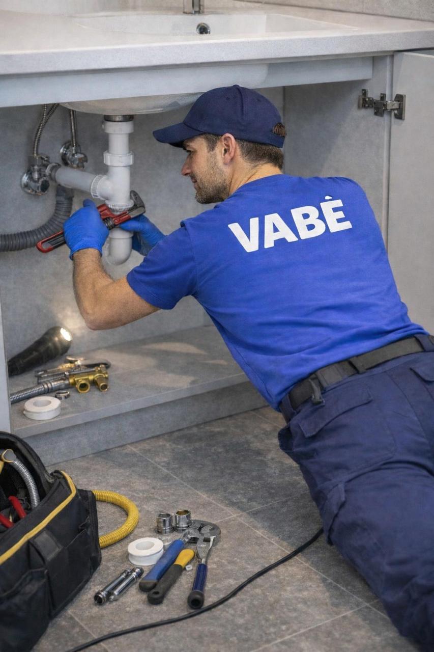 Plombier VABÈ intervenant sous un évier — maintenance immobilière à Toulouse